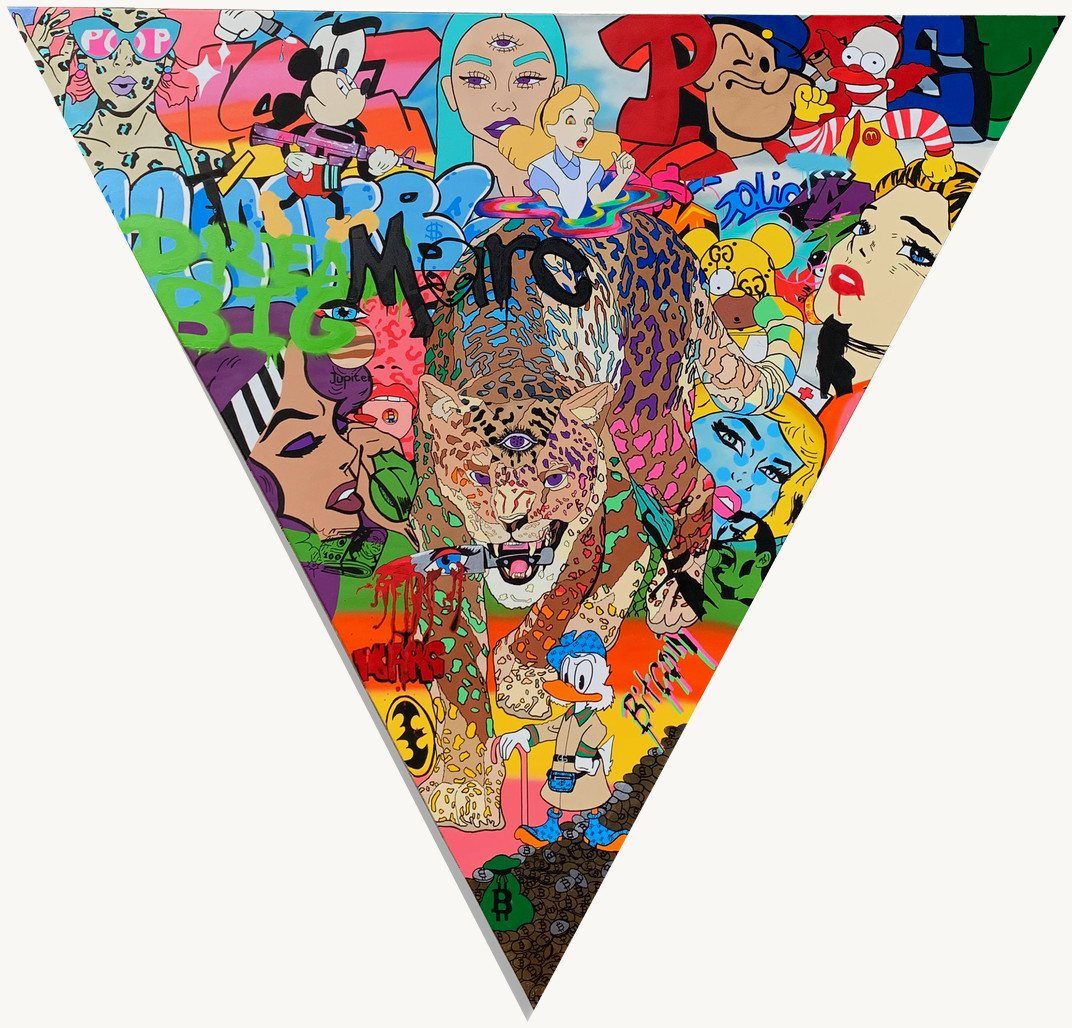An inverted triangle canvas packed with cartoon characters, comic-book faces and graffiti lettering around a snarling cheetah