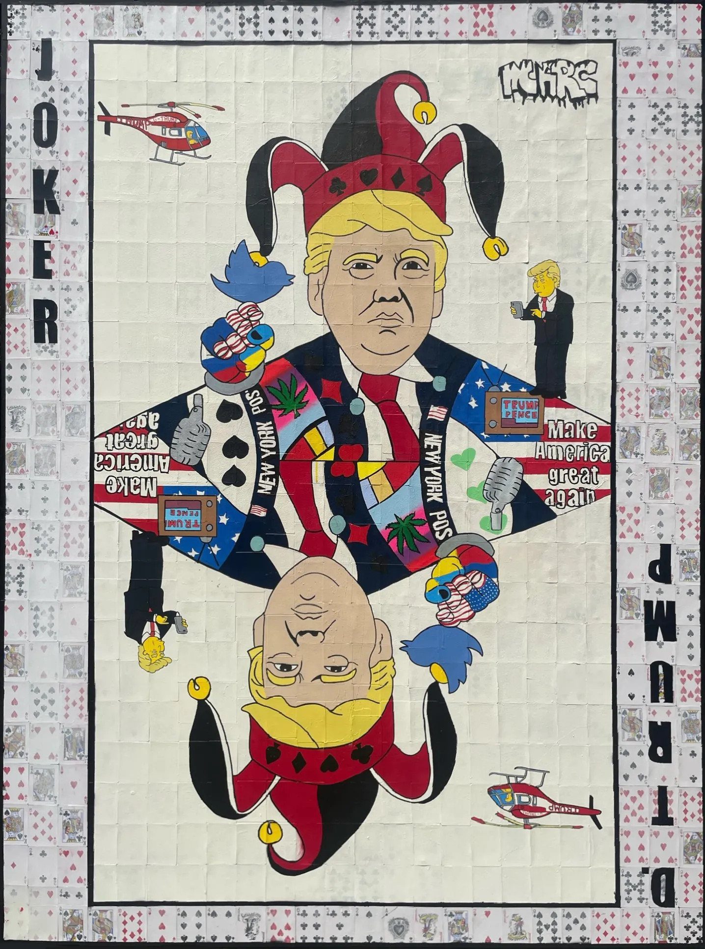 A playing-card Joker painting with a mirrored jester figure, framed by a border of real playing cards