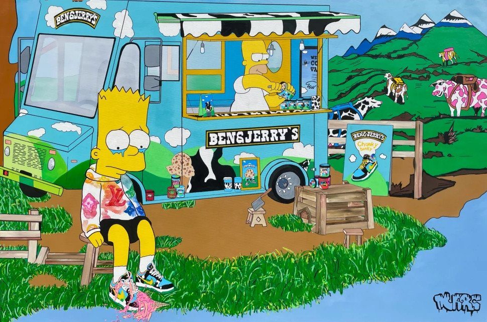 Bart sits tearfully beside a dropped ice cream in front of a blue ice cream van, with cows grazing on green hills
