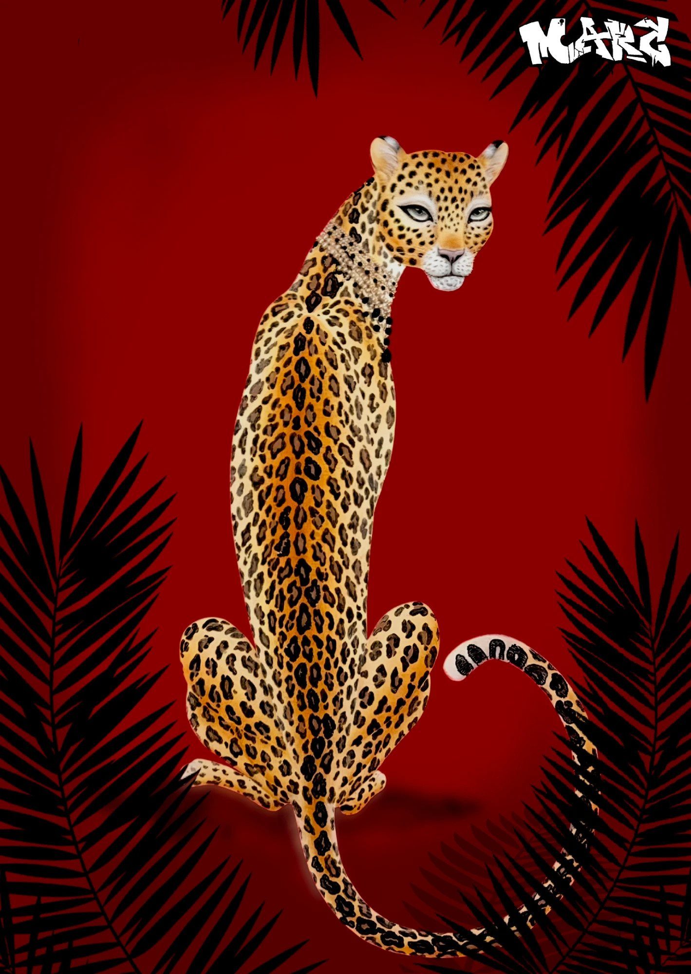 A seated leopard wearing pearl necklaces looking back over its shoulder, on a deep red background framed by black palm leaves