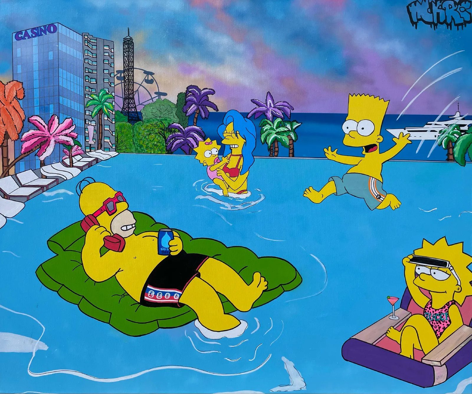 The Simpson family relaxing in a bright blue infinity pool with palm trees, a casino tower and a yacht behind them