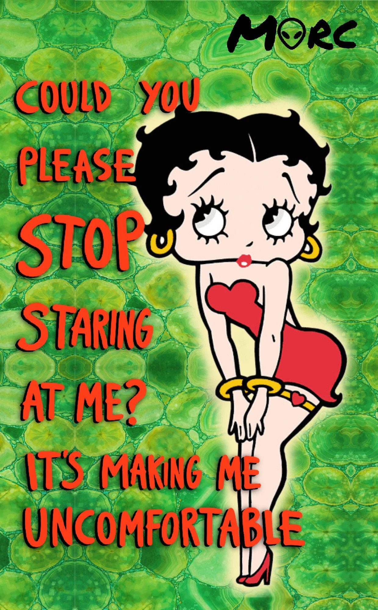A cartoon pin-up girl in a red dress beside red lettering asking the viewer to stop staring, on a green malachite pattern