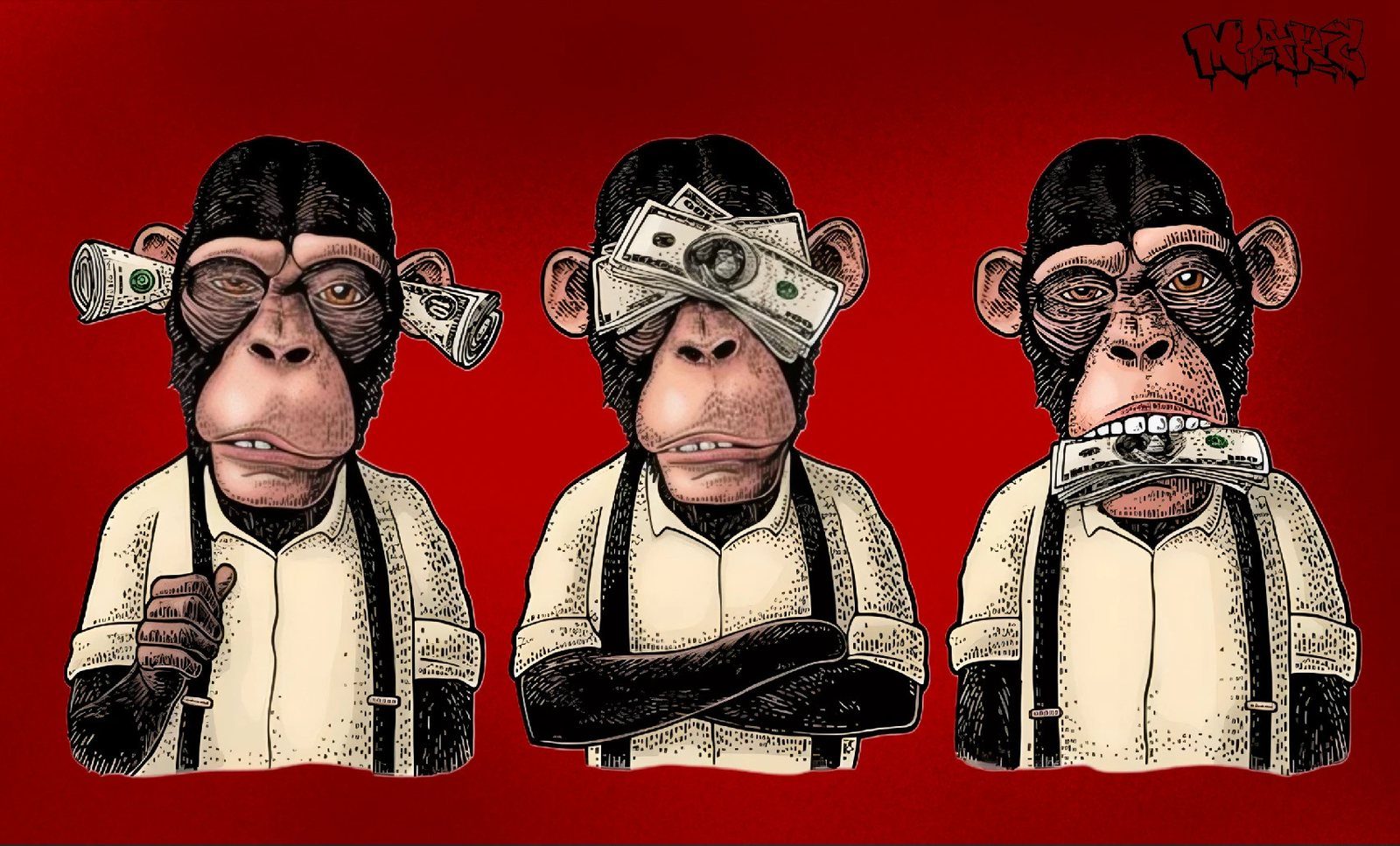 Three chimpanzees in shirts and braces with banknotes in their ears, over their eyes and in their mouth, on a red background