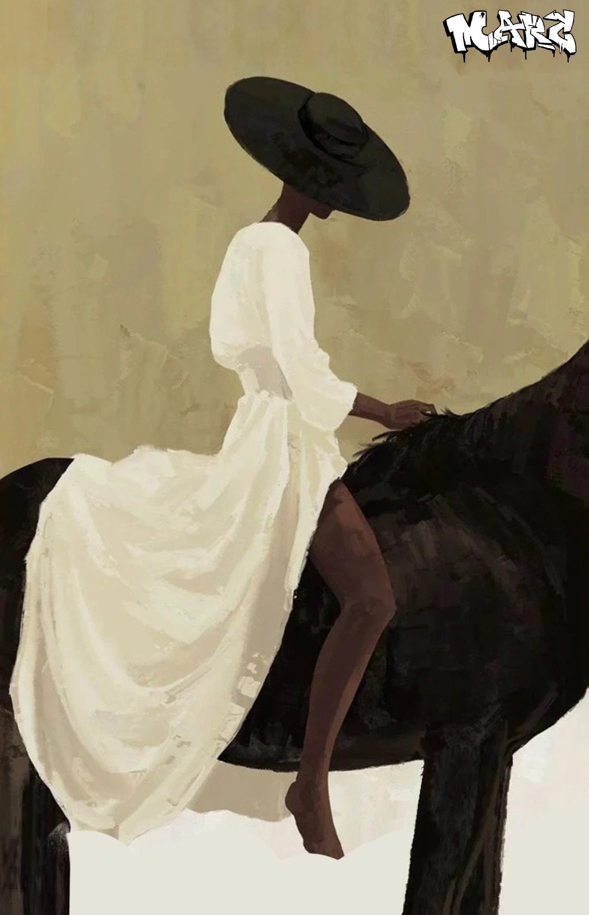 A woman in a long white dress and wide-brimmed black hat riding a dark horse, against a warm beige background