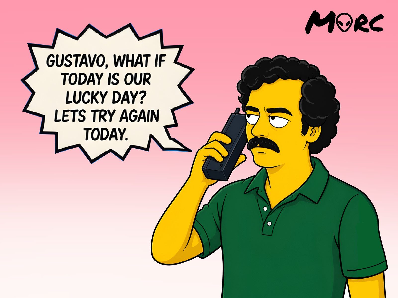 A cartoon man in a green polo shirt on an old mobile phone, with a speech bubble asking if today is the lucky day, on a pink background