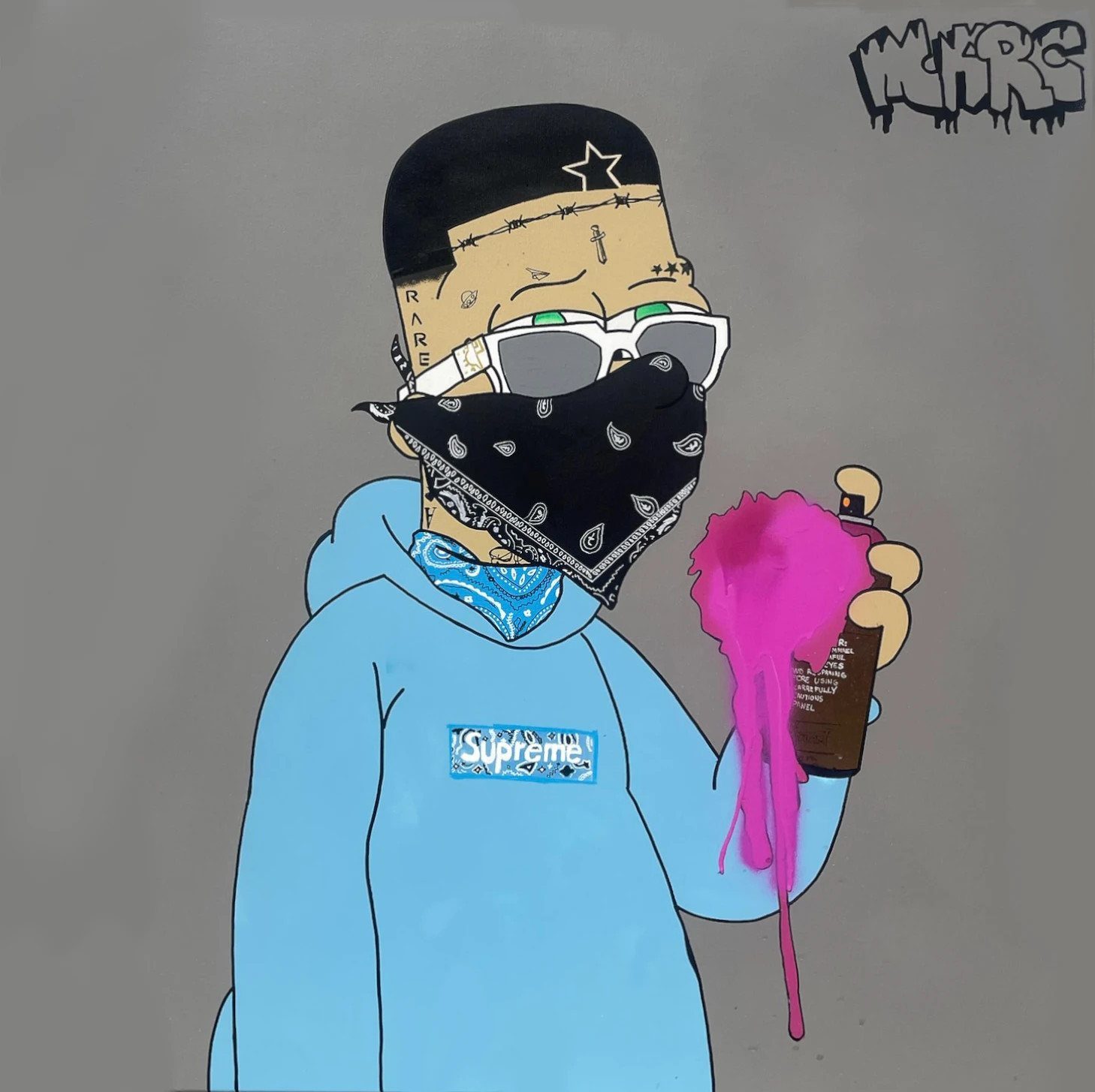 A cartoon street artist with tattoos, sunglasses and a black bandana, in a light blue Supreme hoodie, spraying pink paint