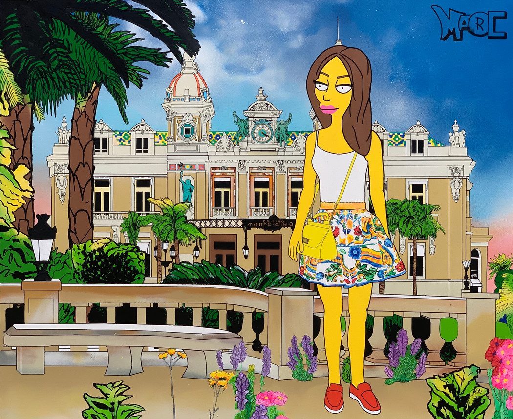A yellow cartoon woman in a floral skirt stands among palms and flowers in front of the Monte Carlo Casino