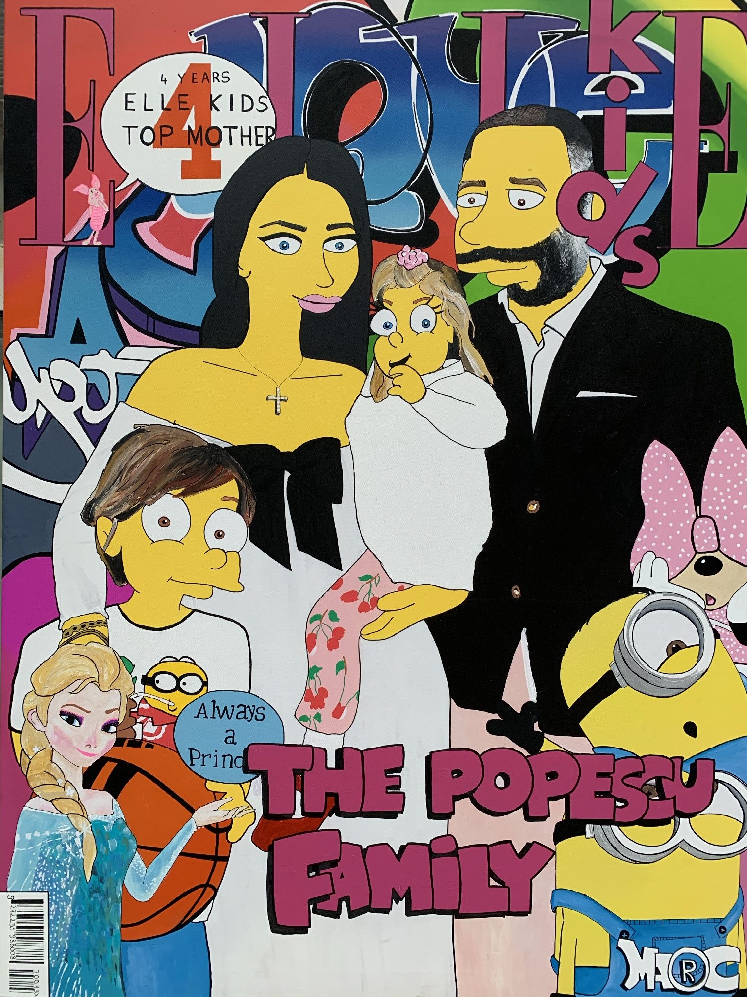 A colourful pop-culture family portrait combining cartoon characters, magazine imagery and graffiti lettering