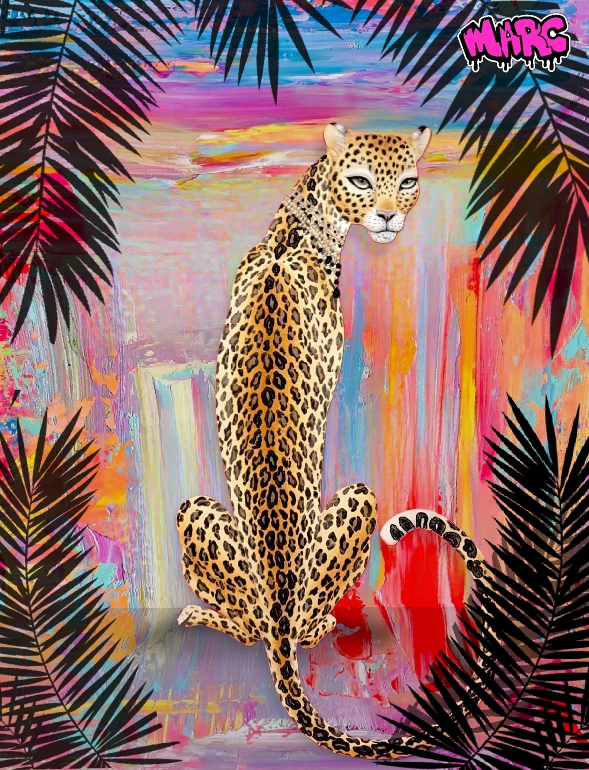 A leopard surrounded by tropical leaves against a vivid painted background