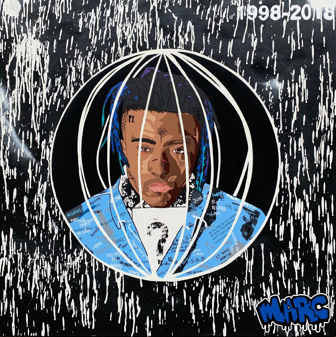 A portrait of Travis Scott inside a graphic circular composition, surrounded by expressive marks and text
