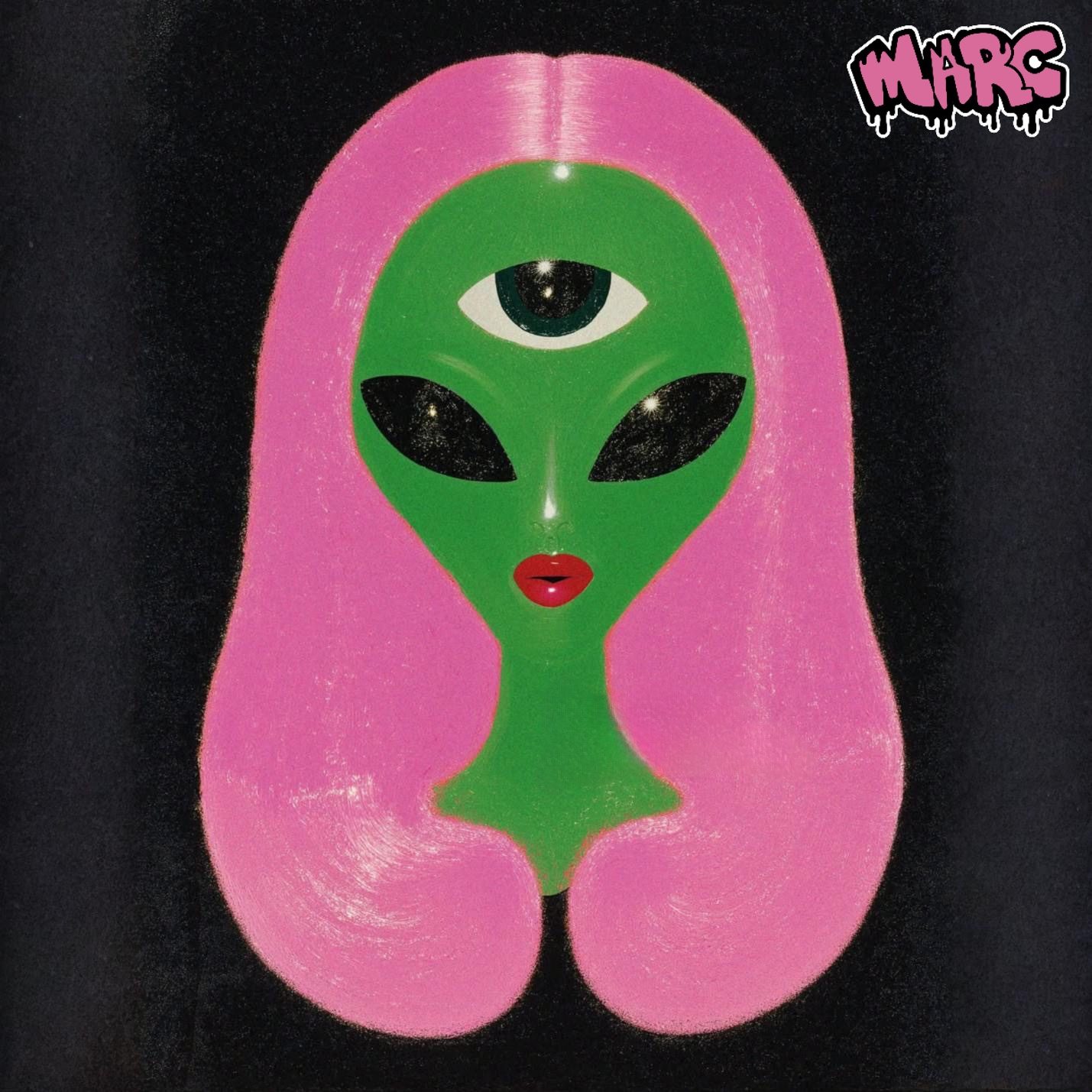 A stylised green alien portrait with pink hair against a black background