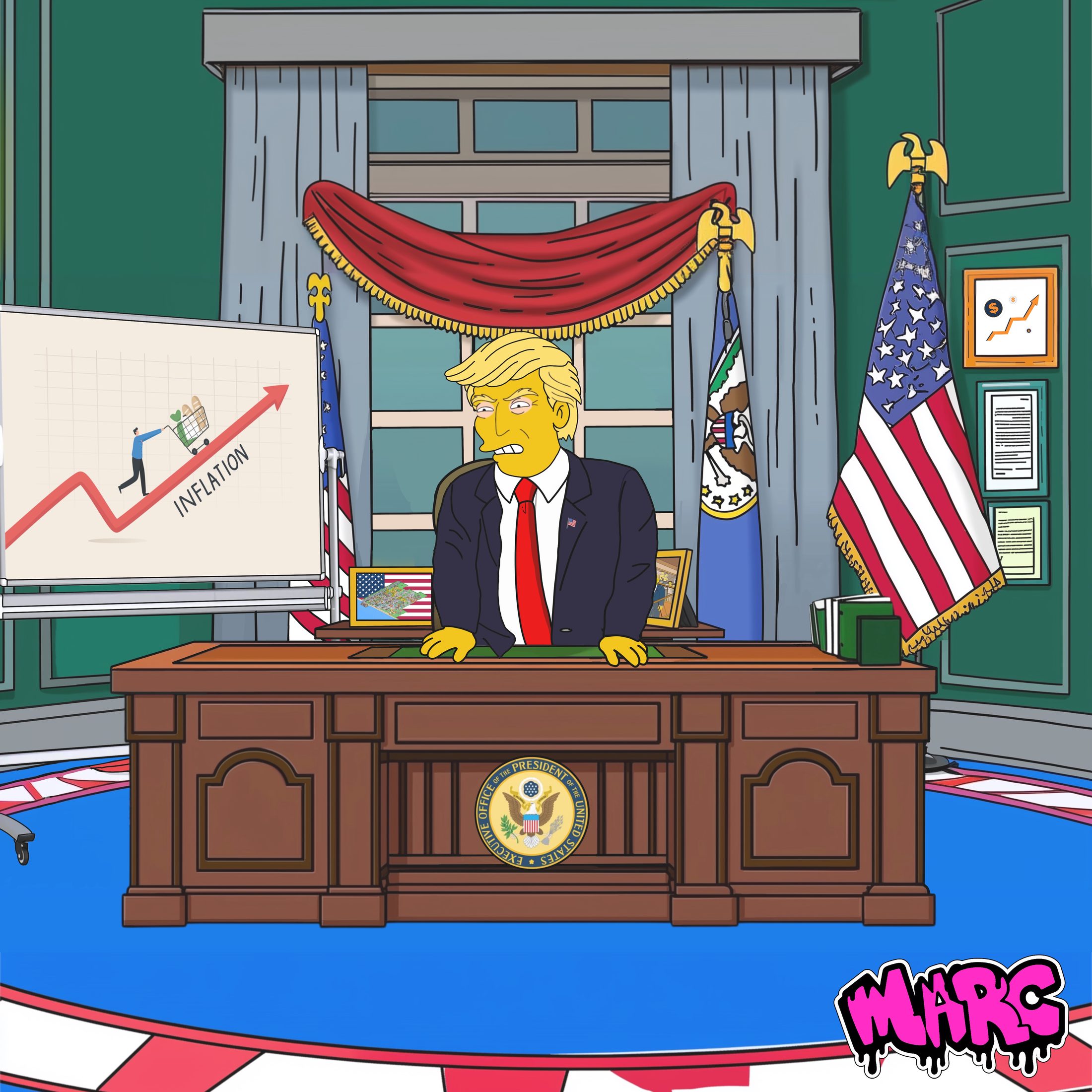 A satirical pop-culture painting of a political figure at a desk, surrounded by flags and economic imagery